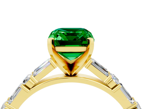 Yellow gold Emerald Cut Emerald Solitaire with Side Baguettes and Channel Set Band_4