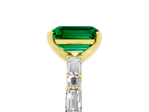 Yellow gold Emerald Cut Emerald Solitaire with Side Baguettes and Channel Set Band_5