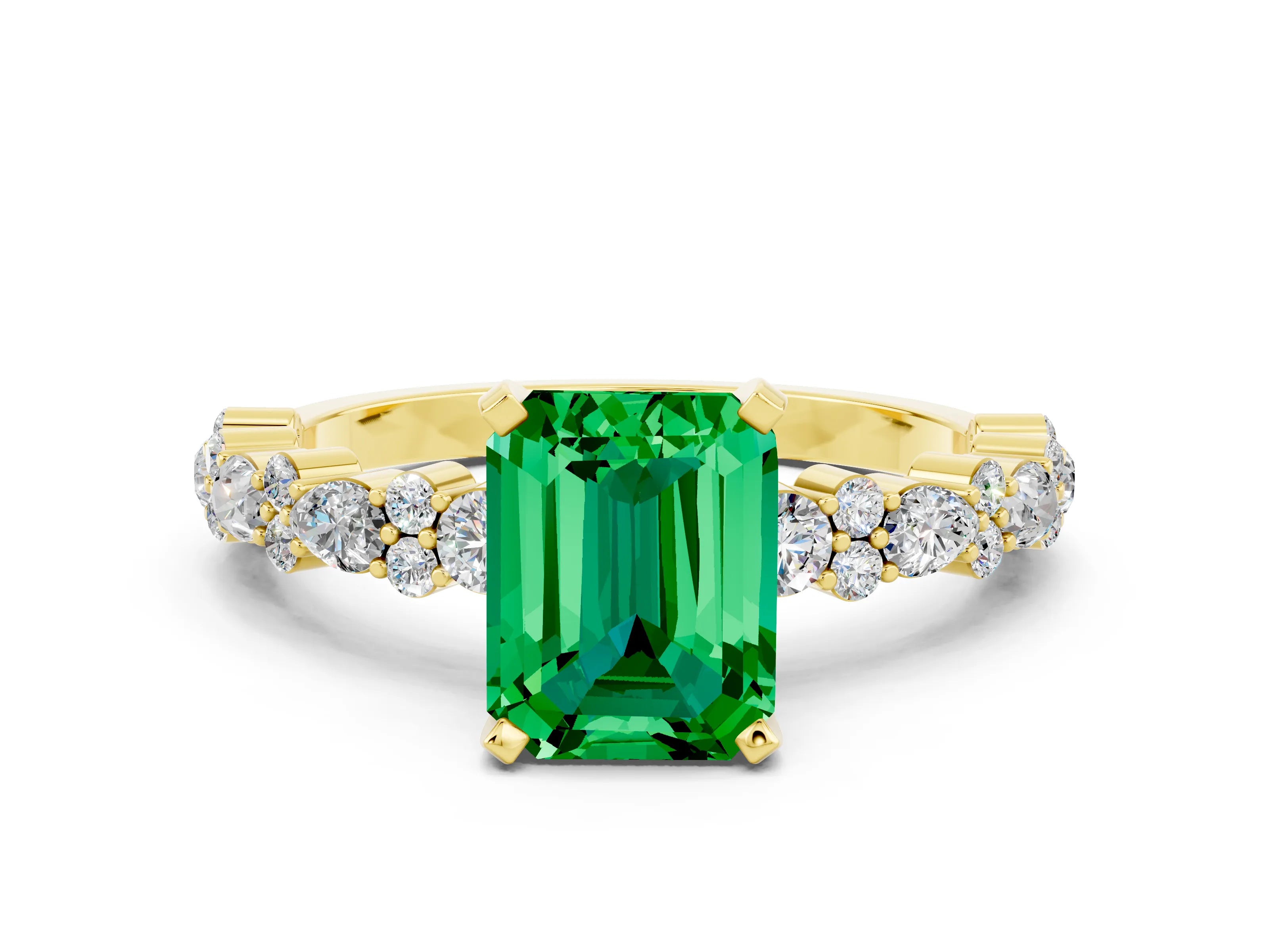 Yellow gold Emerald Cut Emerald Solitaire with Side Stones, Pave Band, Four-Prong Setting_48