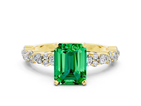 Yellow gold Emerald Cut Emerald Side Stone Solitaire Ring with Round  and Four-Prong Setting
