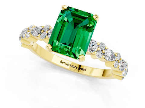Yellow gold Emerald Cut Emerald Solitaire with Side Stones, Pave Band, Four-Prong Setting_49