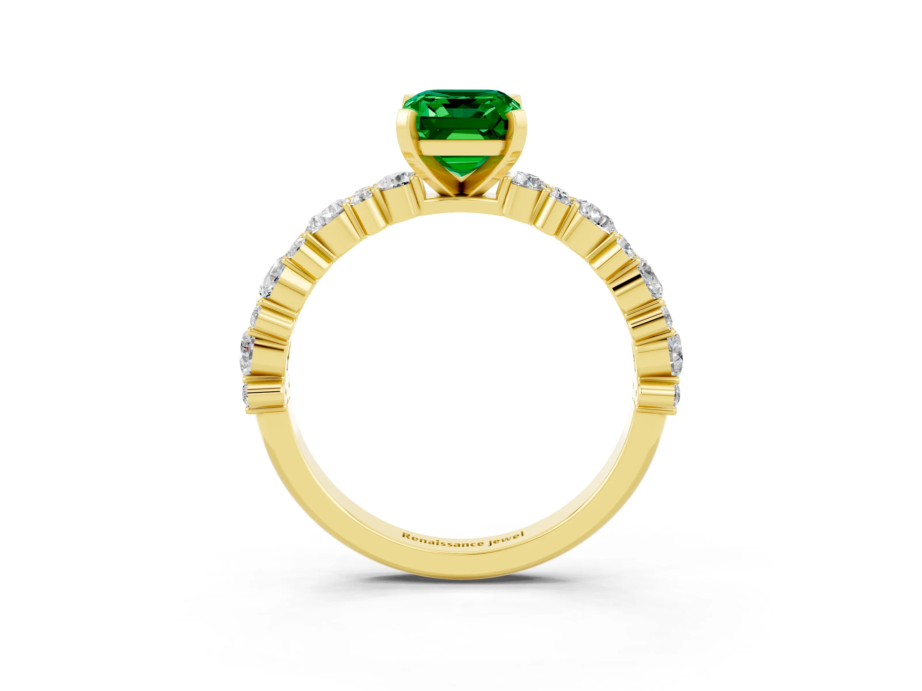 Yellow gold Emerald Cut Emerald Solitaire with Side Stones, Pave Band, Four-Prong Setting_51
