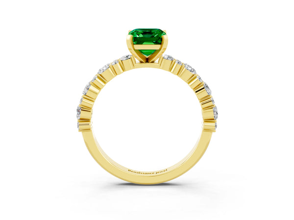Yellow gold Emerald Cut Emerald Side Stone Solitaire Ring with Round  and Four-Prong Setting