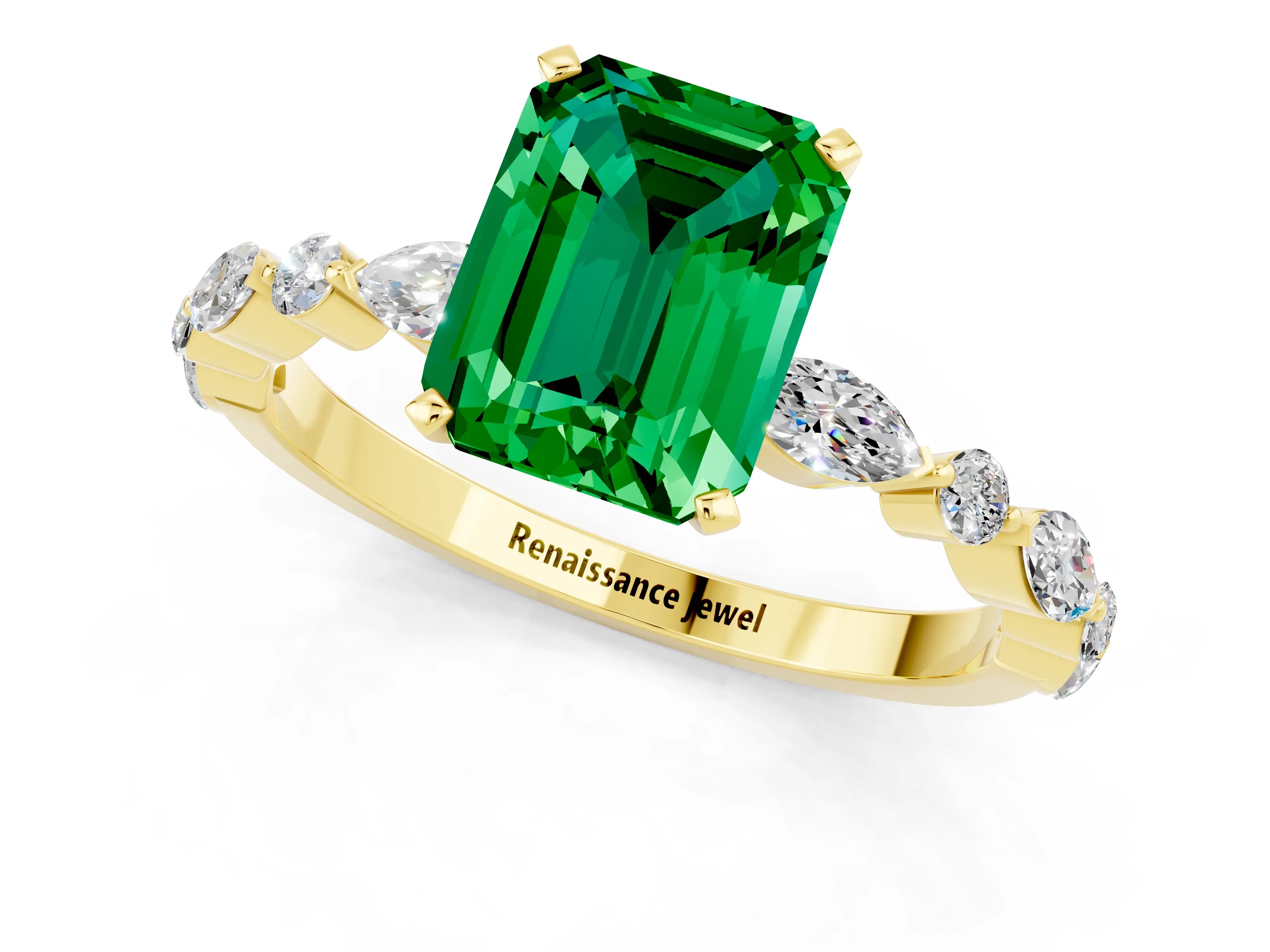 Yellow gold Emerald Cut Emerald Solitaire with Side Stones on a Pavé Band and Four-Prong Setting_1
