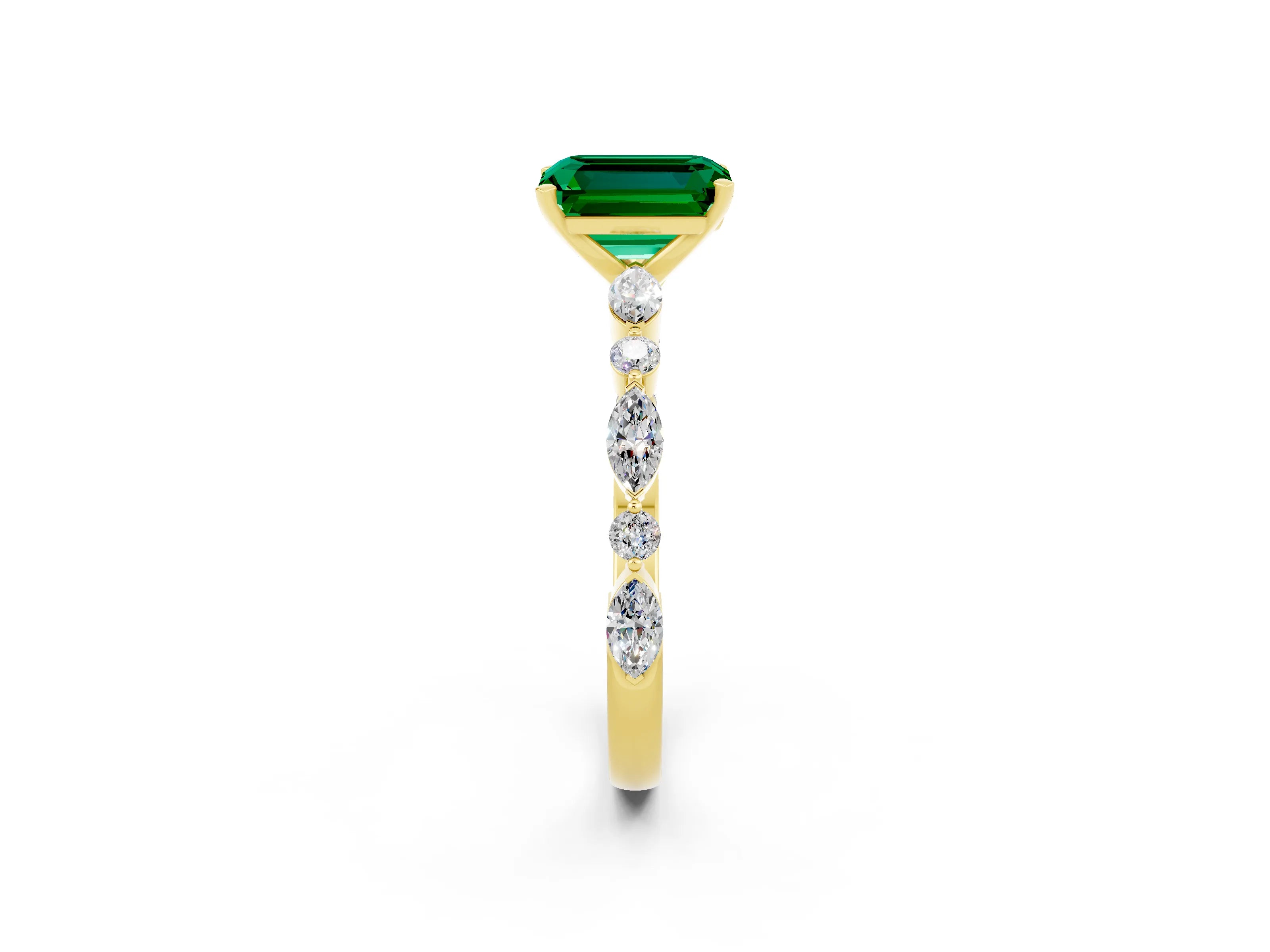 Yellow gold Emerald Cut Emerald Solitaire with Side Stones on a Pavé Band and Four-Prong Setting_2