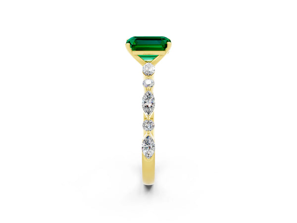 Yellow gold Emerald Cut Emerald Ring with Marquise and Round  Side Stones and Four-Prong Setting