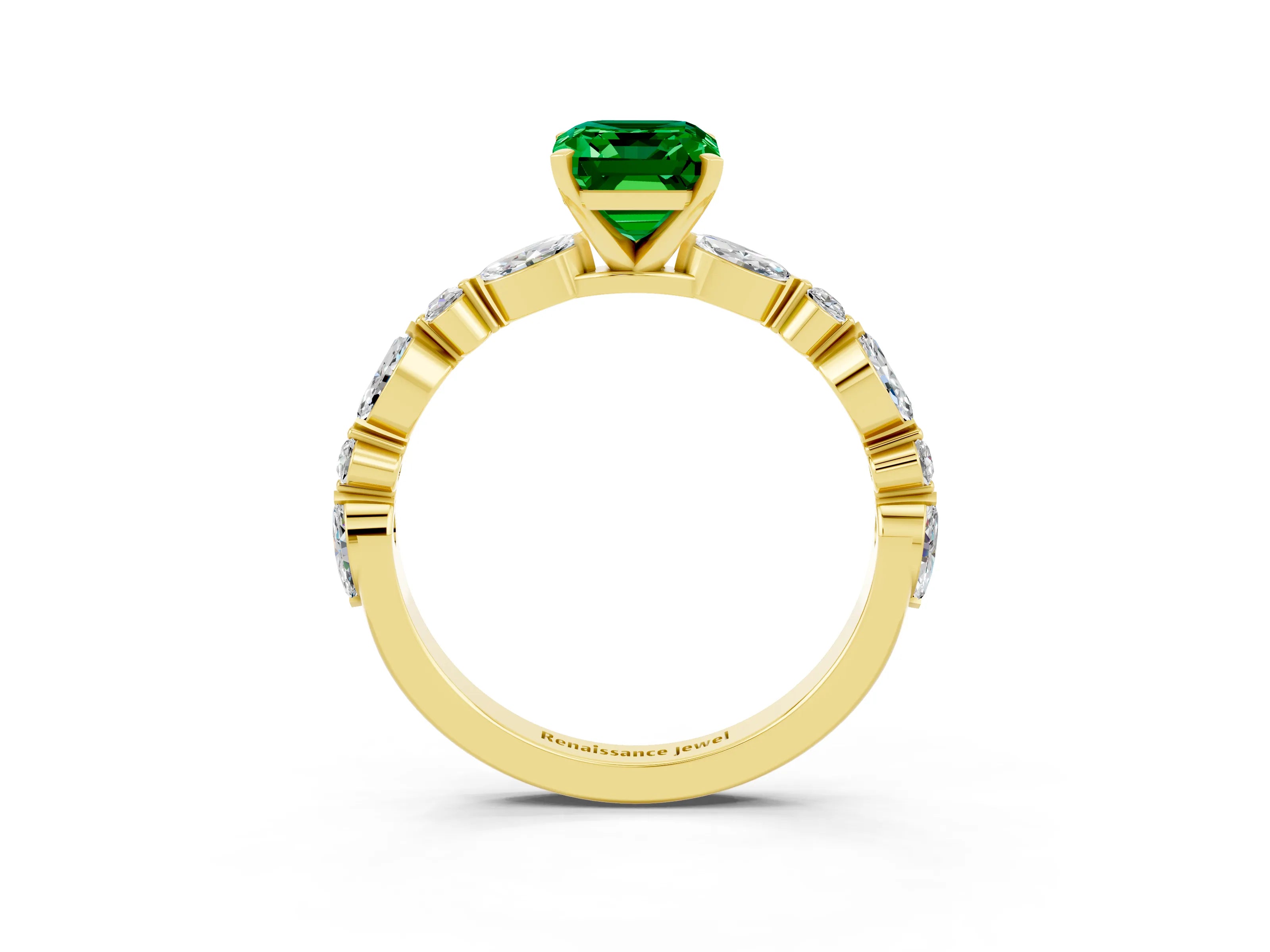 Yellow gold Emerald Cut Emerald Solitaire with Side Stones on a Pavé Band and Four-Prong Setting_3