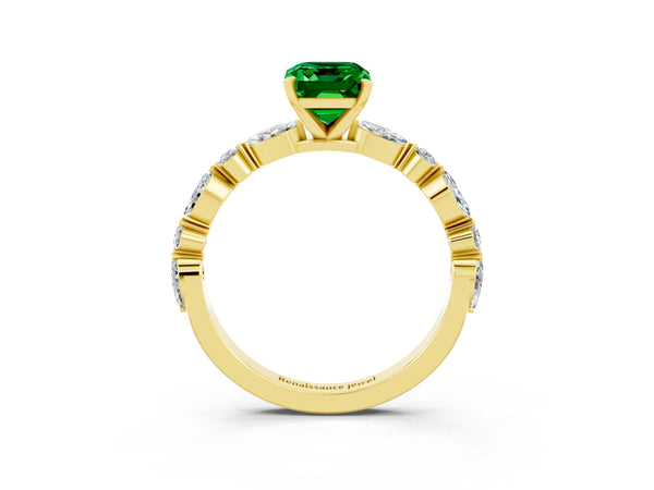 Yellow gold Emerald Cut Emerald Ring with Marquise and Round  Side Stones and Four-Prong Setting