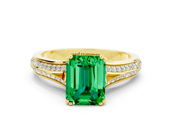 Yellow gold Emerald Cut Emerald Split Shank Engagement Ring with Pavé Band
