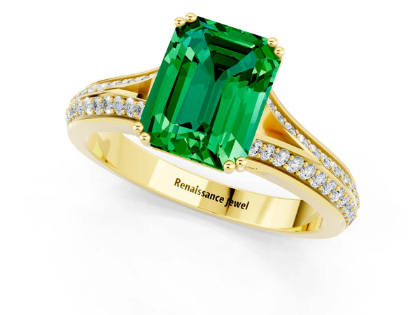 Yellow gold Emerald Cut Emerald Split Shank Engagement Ring with Pavé Band