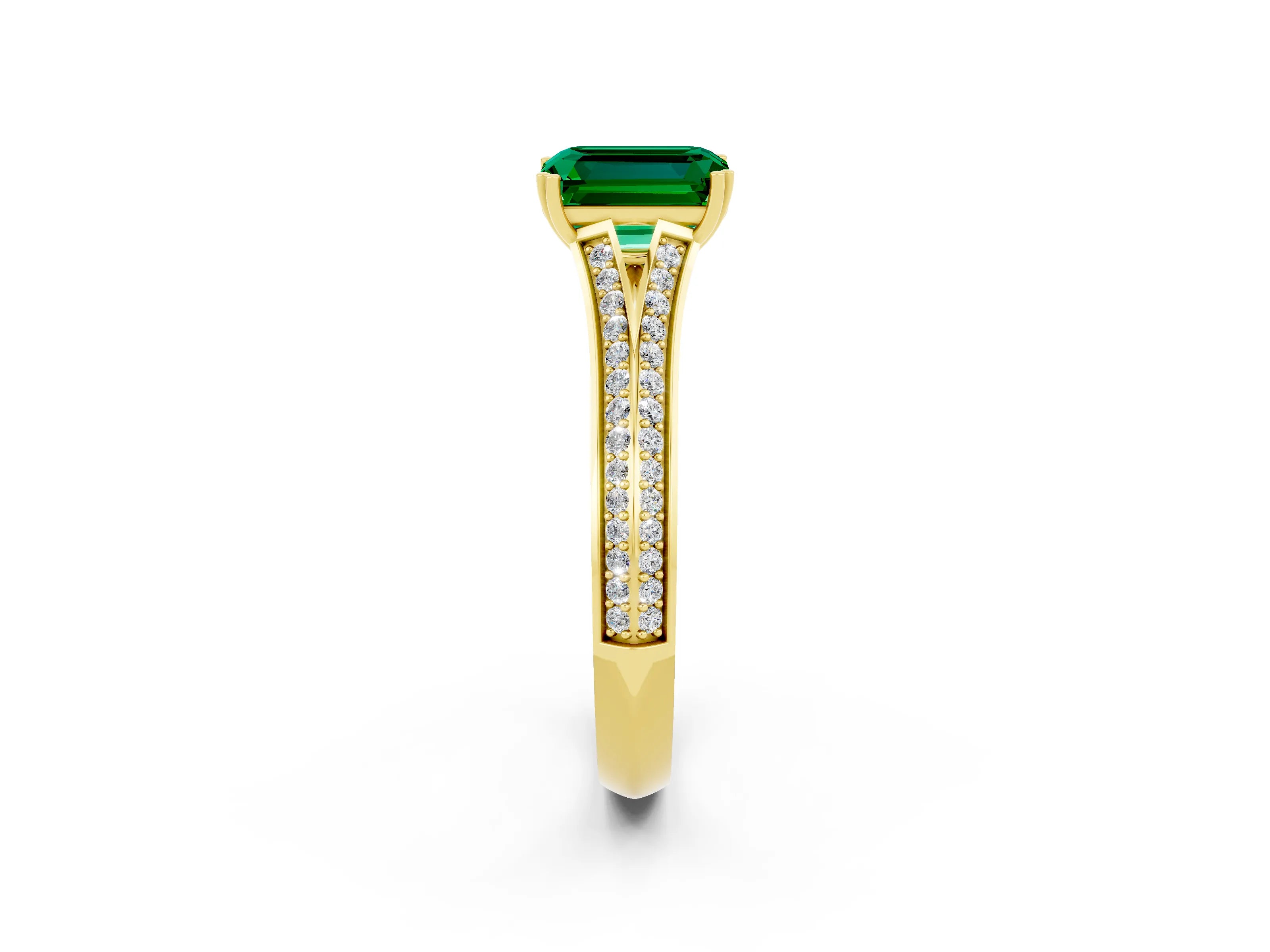 Yellow gold Emerald Cut Emerald Split Shank Engagement Ring with Pavé Band_2