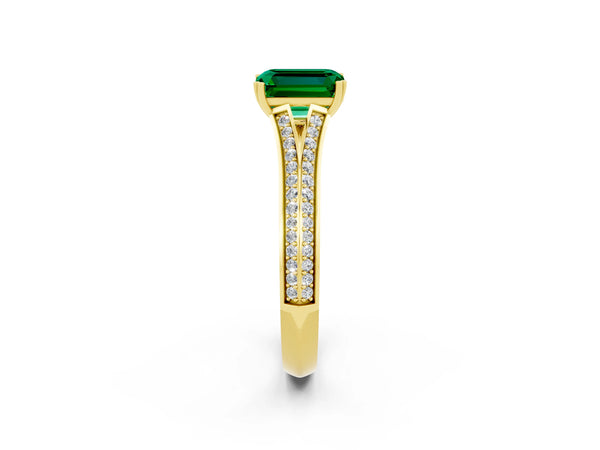 Yellow gold Emerald Cut Emerald Split Shank Engagement Ring with Pavé Band