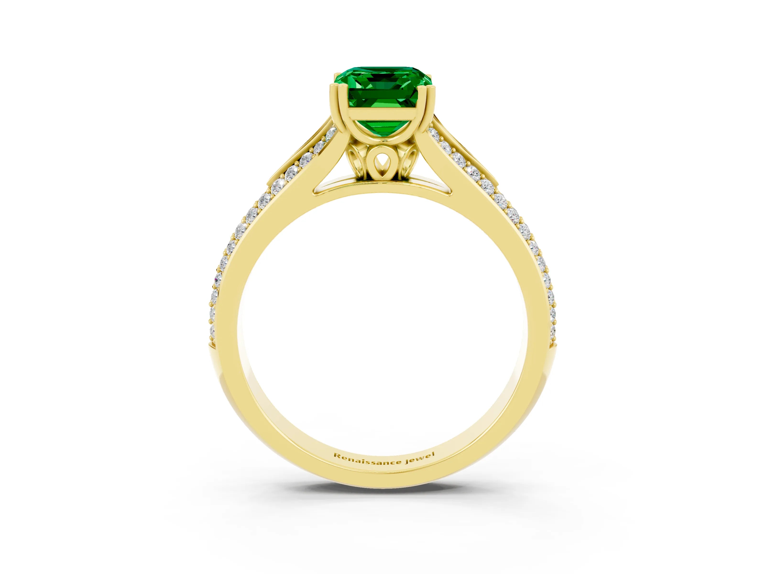 Yellow gold Emerald Cut Emerald Split Shank Engagement Ring with Pavé Band_3