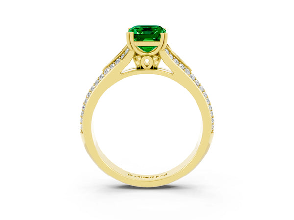 Yellow gold Emerald Cut Emerald Split Shank Engagement Ring with Pavé Band
