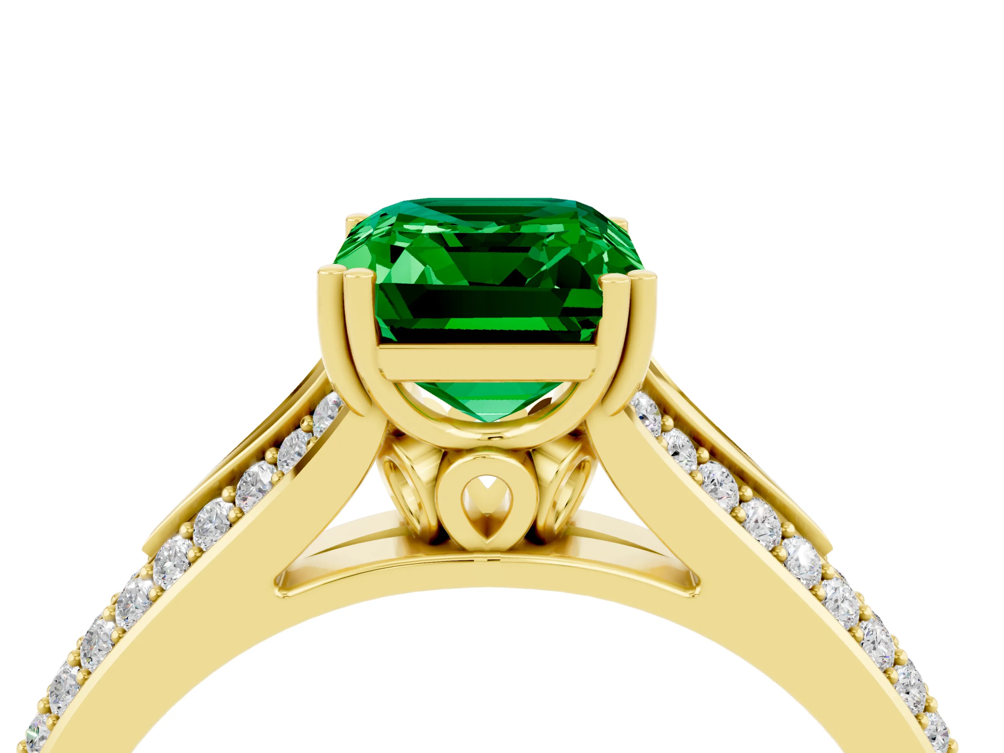 Yellow gold Emerald Cut Emerald Split Shank Engagement Ring with Pavé Band_4
