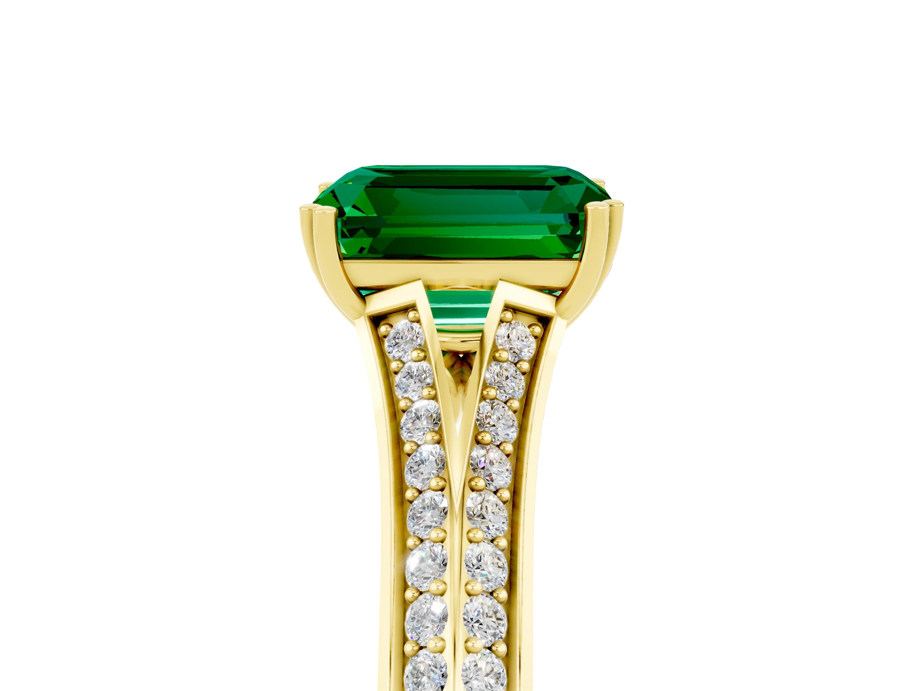 Yellow gold Emerald Cut Emerald Split Shank Engagement Ring with Pavé Band_5
