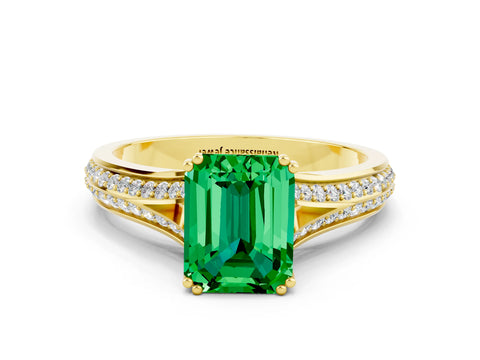 Yellow gold Emerald Cut Emerald Split Shank Engagement Ring with Pavé Band