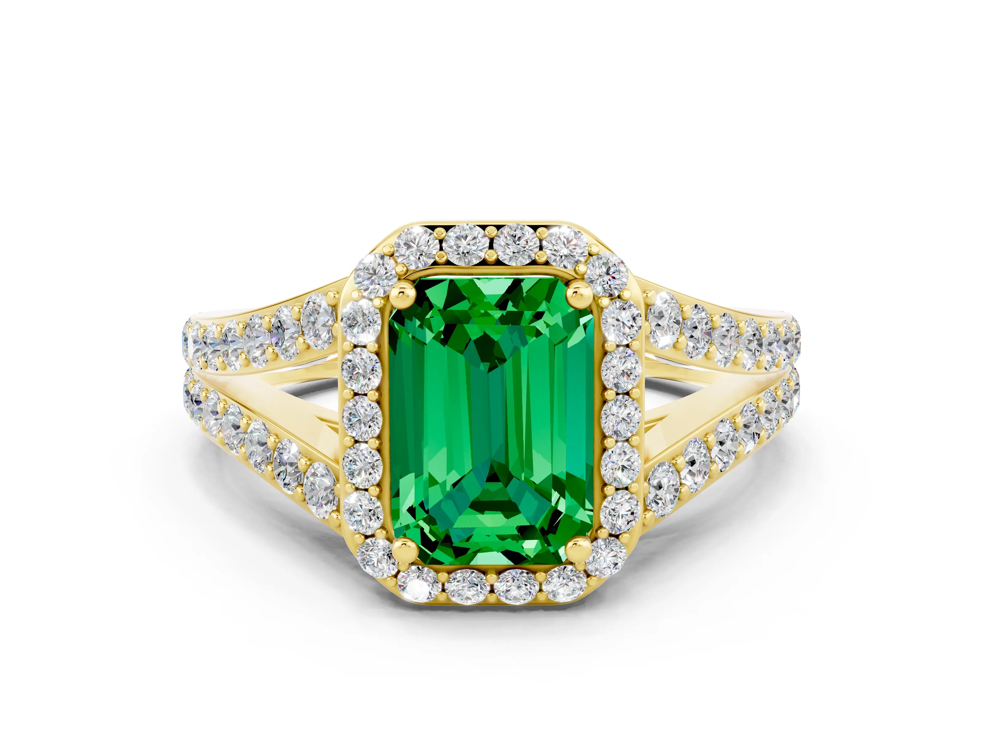 Yellow gold Emerald Cut Emerald Split Shank Halo Ring with Four-Prong Setting_12