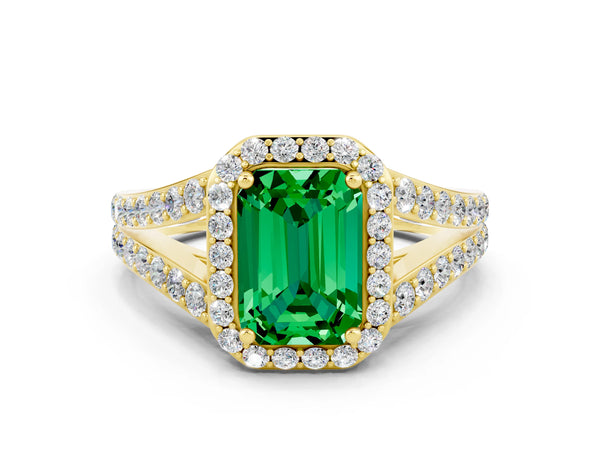 Yellow gold Emerald Cut Emerald Split Shank Halo Ring with Four-Prong Setting