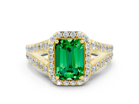 Yellow gold Emerald Cut Emerald Split Shank Halo Ring with Four-Prong Setting_12
