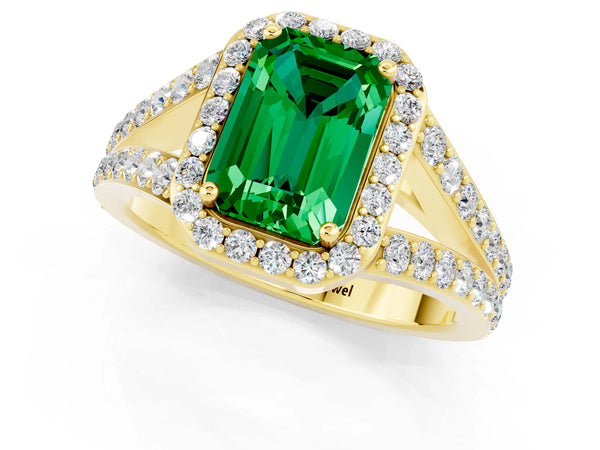 Yellow gold Emerald Cut Emerald Split Shank Halo Ring with Four-Prong Setting