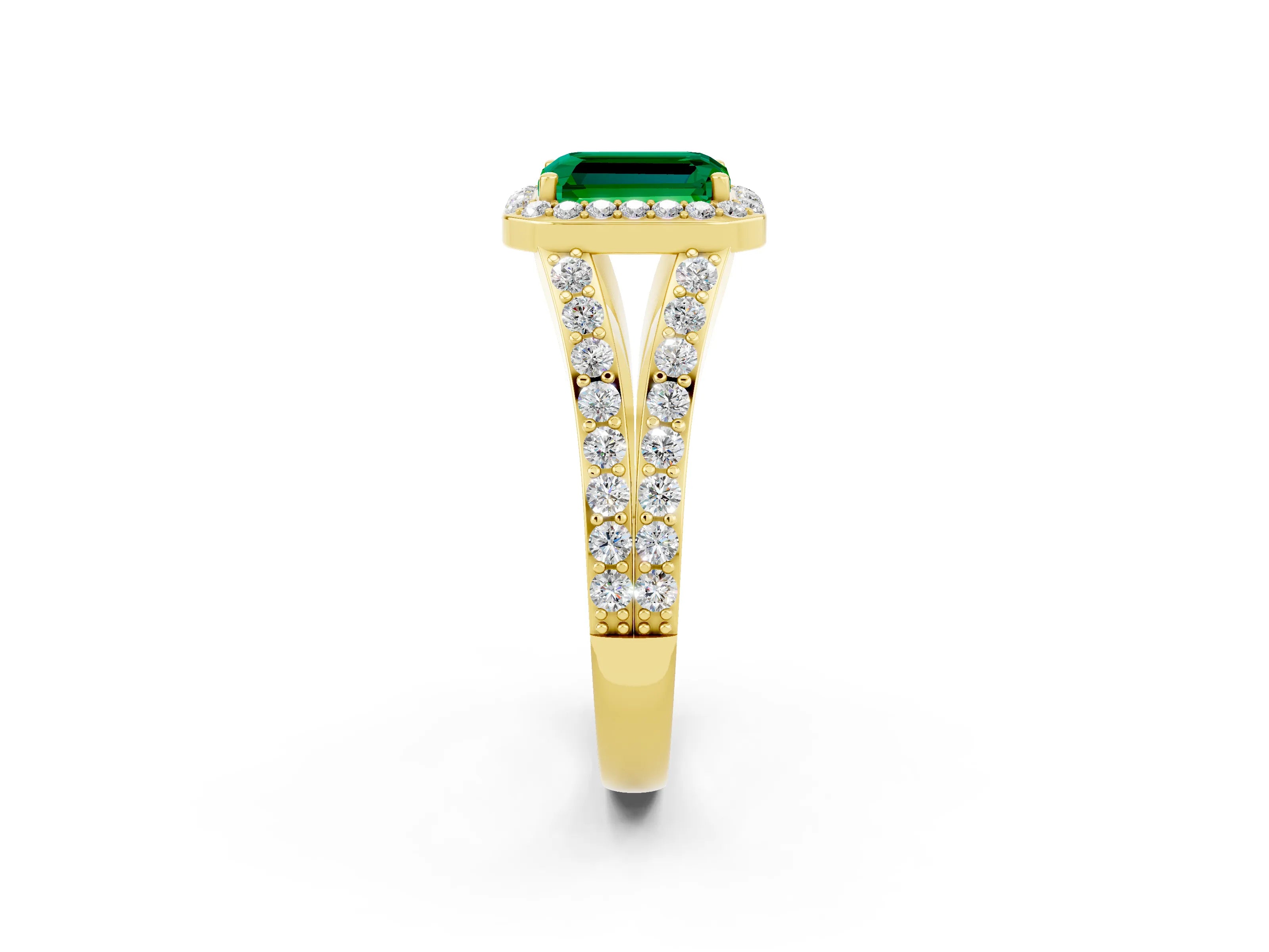 Yellow gold Emerald Cut Emerald Split Shank Halo Ring with Four-Prong Setting_14