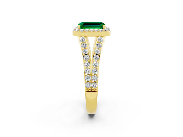 Yellow gold Emerald Cut Emerald Split Shank Halo Ring with Four-Prong Setting