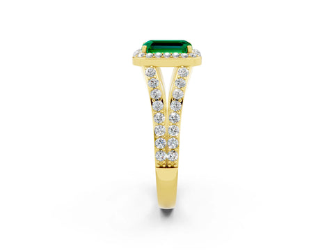 Yellow gold Emerald Cut Emerald Split Shank Halo Ring with Four-Prong Setting_14