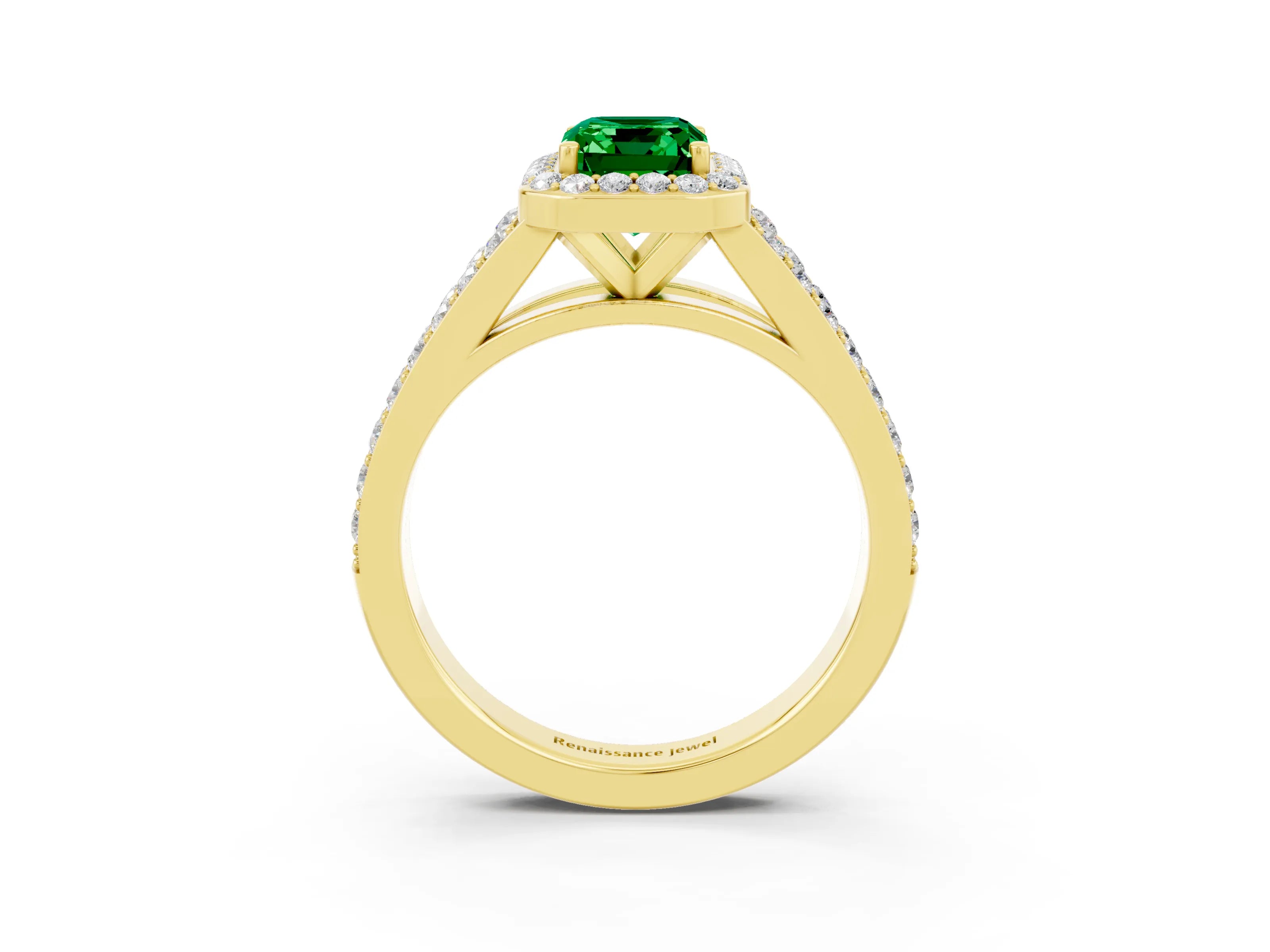 Yellow gold Emerald Cut Emerald Split Shank Halo Ring with Four-Prong Setting_15