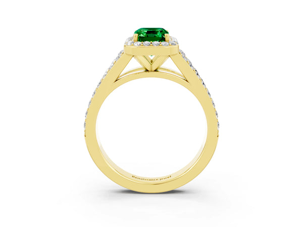 Yellow gold Emerald Cut Emerald Split Shank Halo Ring with Four-Prong Setting