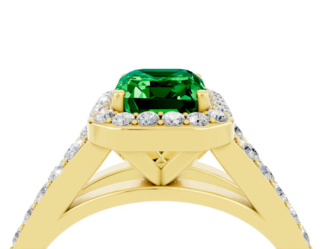 Yellow gold Emerald Cut Emerald Split Shank Halo Ring with Four-Prong Setting_16