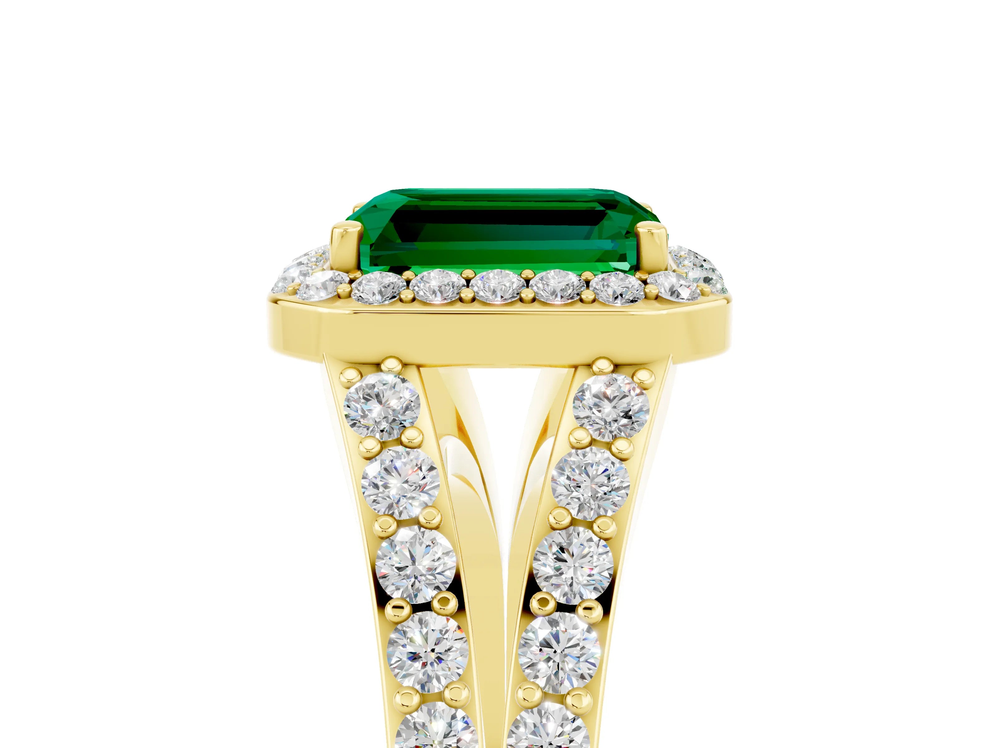 Yellow gold Emerald Cut Emerald Split Shank Halo Ring with Four-Prong Setting_17