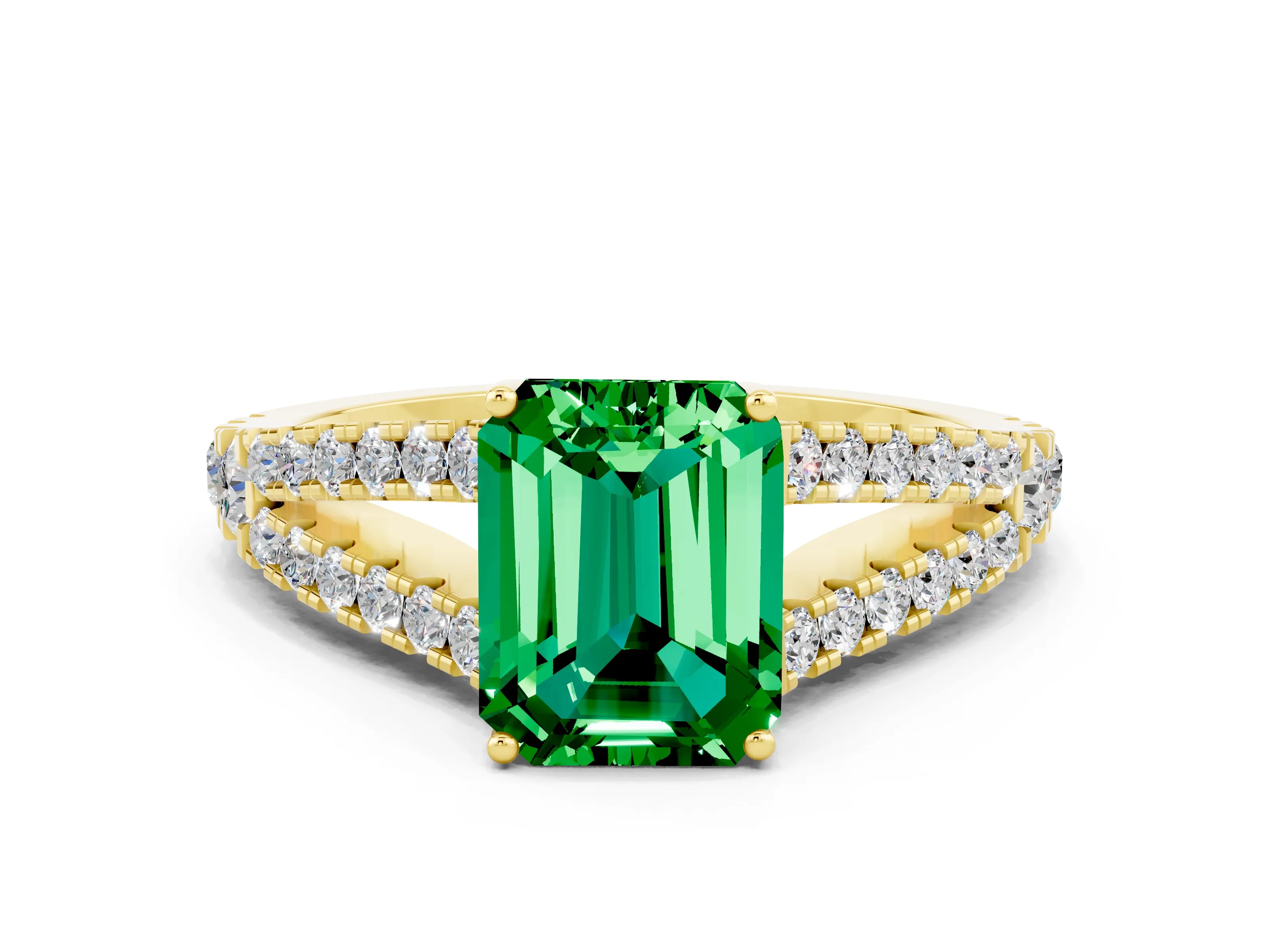 Yellow gold Emerald Cut Emerald Split Shank Pavé Engagement Ring with Four-Prong Setting_12
