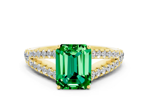 Yellow gold Emerald Cut Emerald Split Shank Pavé Engagement Ring with Four-Prong Setting