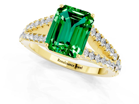 Yellow gold Emerald Cut Emerald Split Shank Pavé Engagement Ring with Four-Prong Setting_13