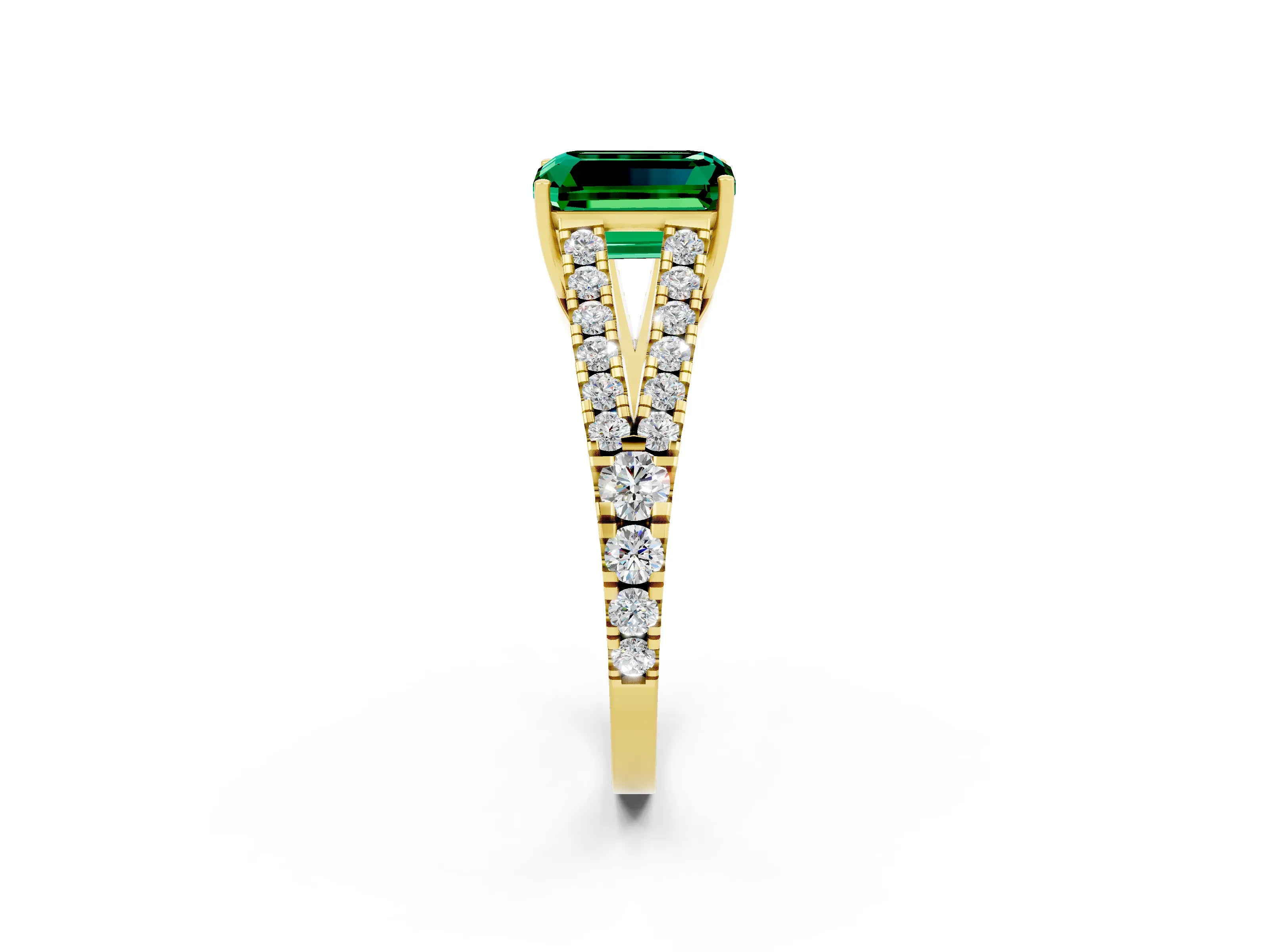 Yellow gold Emerald Cut Emerald Split Shank Pavé Engagement Ring with Four-Prong Setting_14