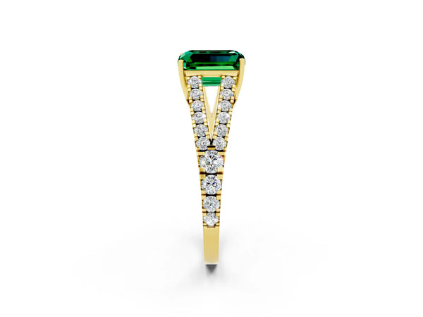 Yellow gold Emerald Cut Emerald Split Shank Pavé Engagement Ring with Four-Prong Setting