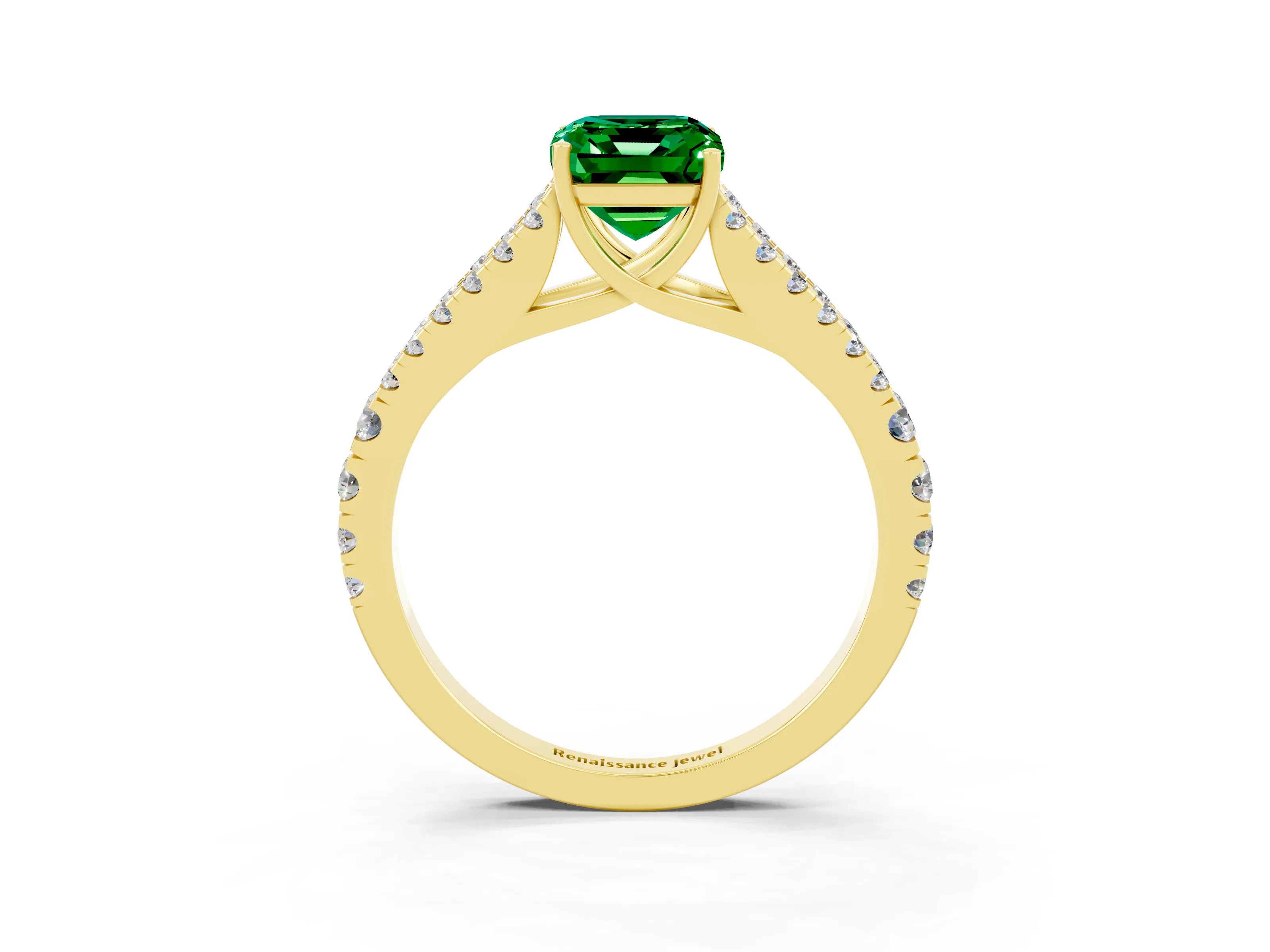 Yellow gold Emerald Cut Emerald Split Shank Pavé Engagement Ring with Four-Prong Setting_15