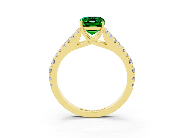 Yellow gold Emerald Cut Emerald Split Shank Pavé Engagement Ring with Four-Prong Setting