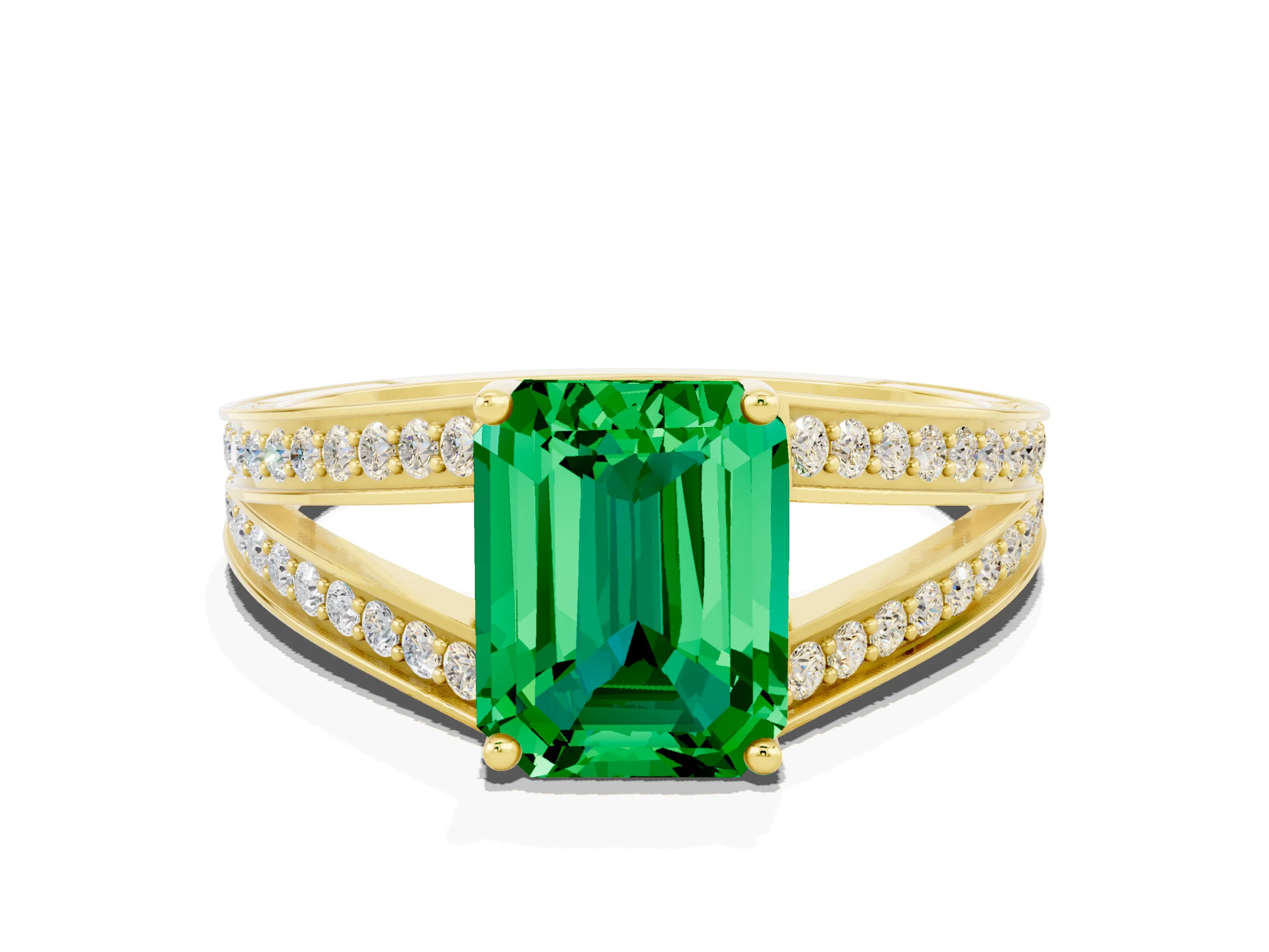 Yellow gold Emerald Cut Emerald Split Shank Ring with Pavé Band and Four-Prong Setting