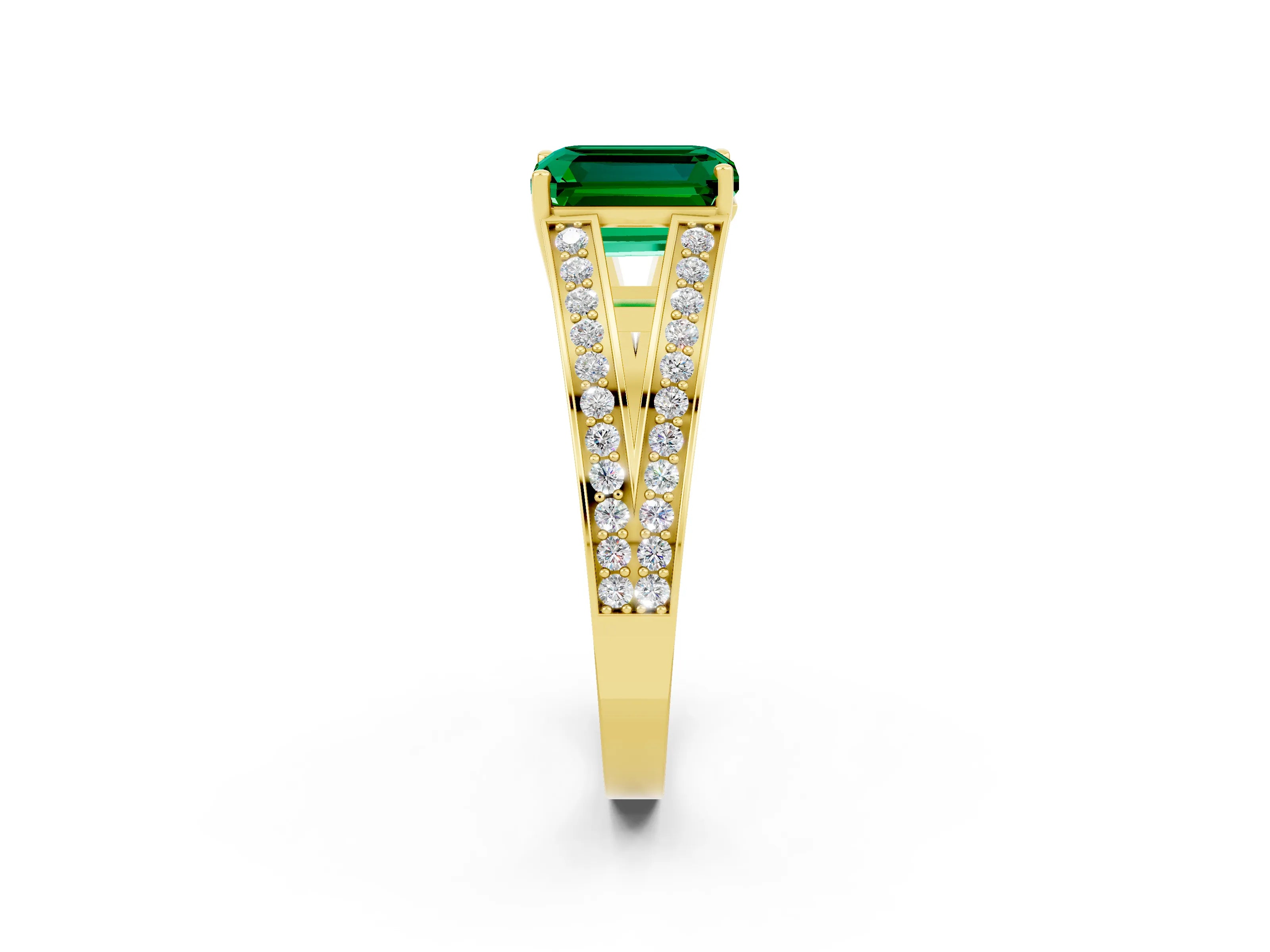 Yellow gold Emerald Cut Emerald Split Shank Ring with Pavé Band and Four-Prong Setting_2