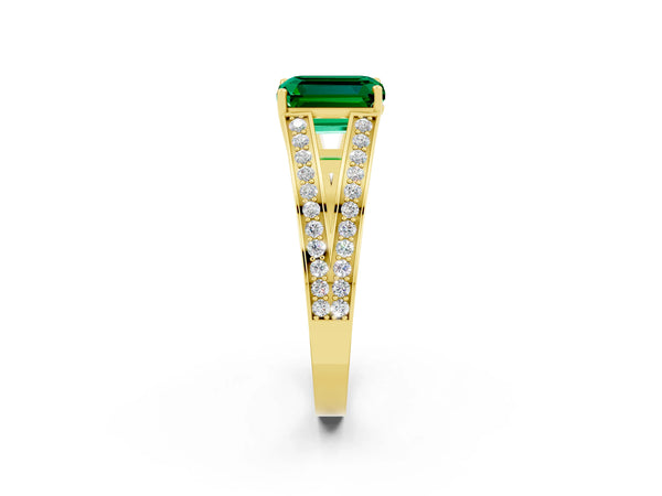 Yellow gold Emerald Cut Emerald Split Shank Ring with Pavé Band and Four-Prong Setting