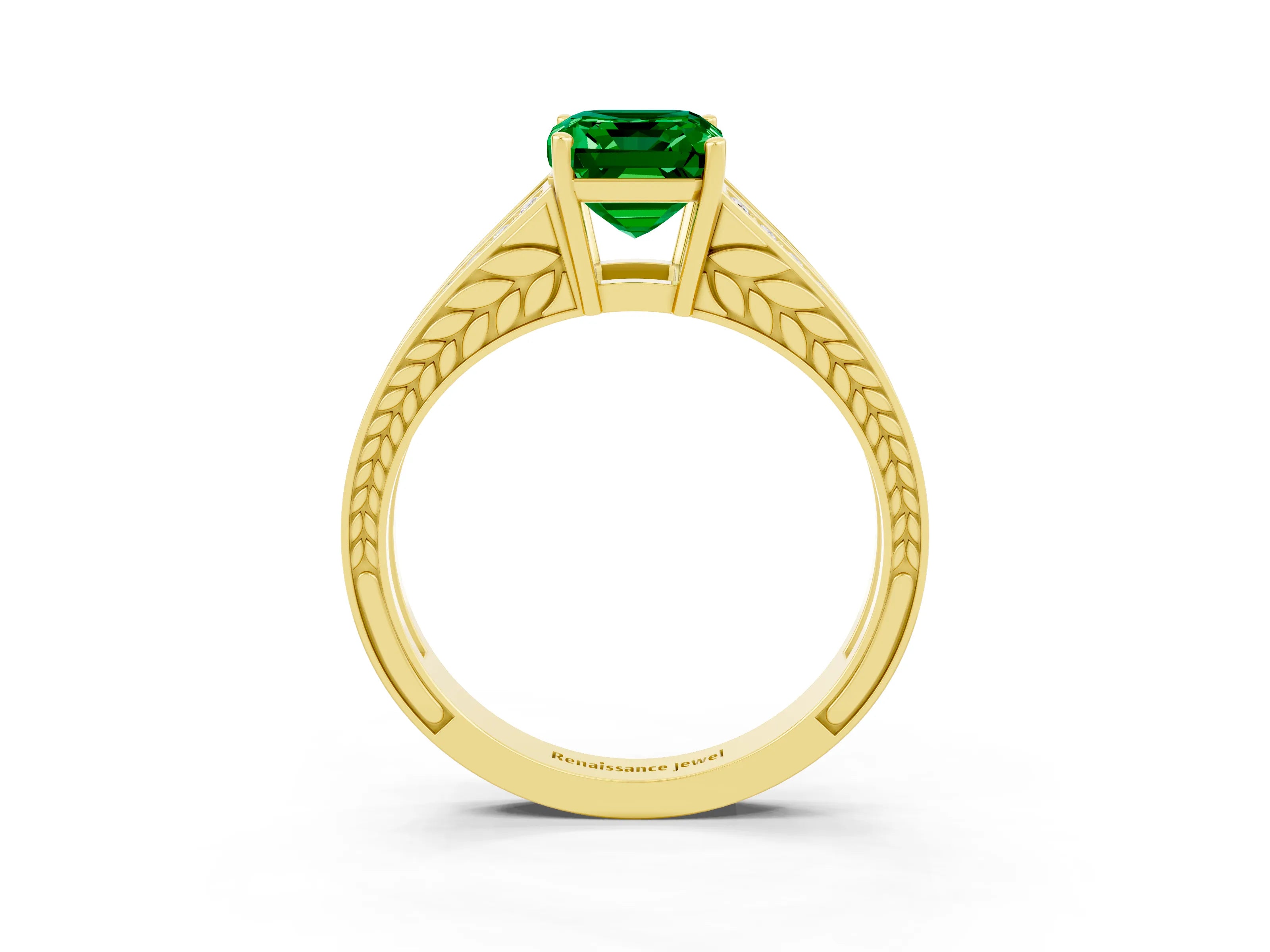 Yellow gold Emerald Cut Emerald Split Shank Ring with Pavé Band and Four-Prong Setting_3