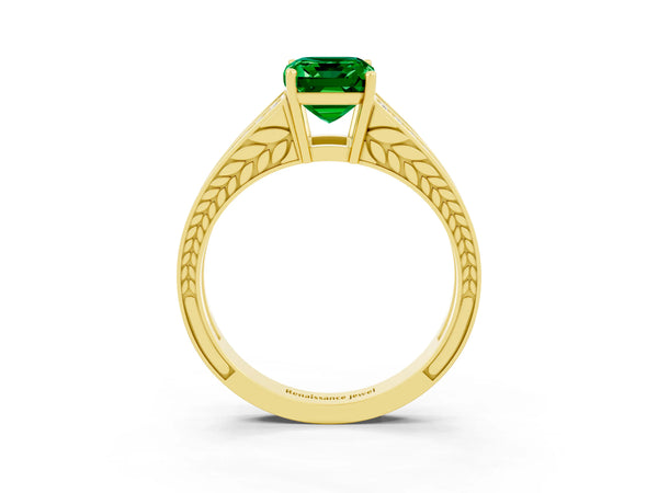 Yellow gold Emerald Cut Emerald Split Shank Ring with Pavé Band and Four-Prong Setting