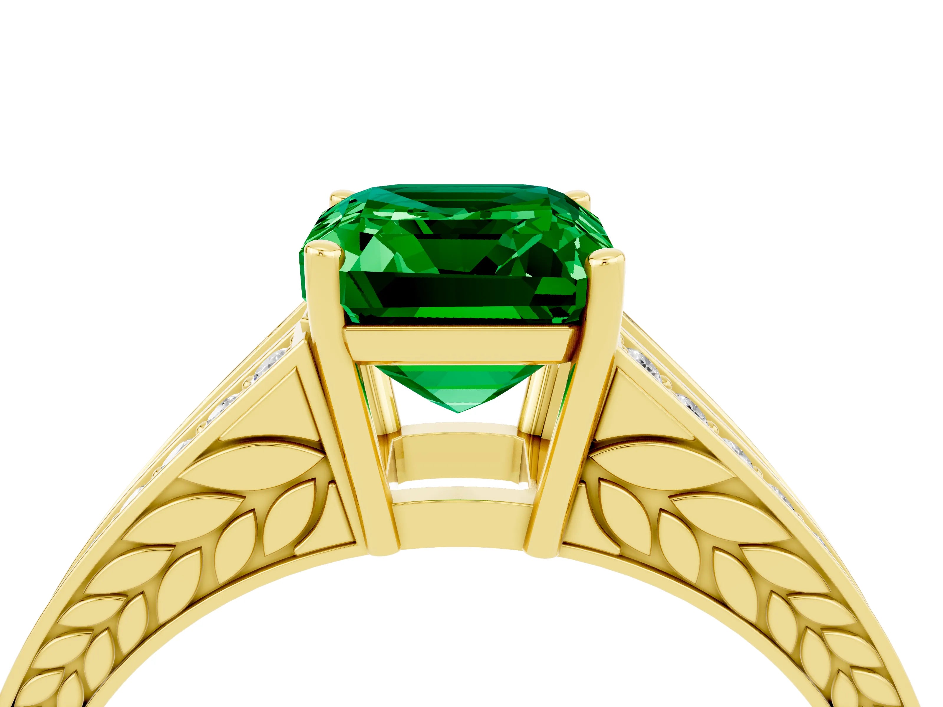 Yellow gold Emerald Cut Emerald Split Shank Ring with Pavé Band and Four-Prong Setting_4