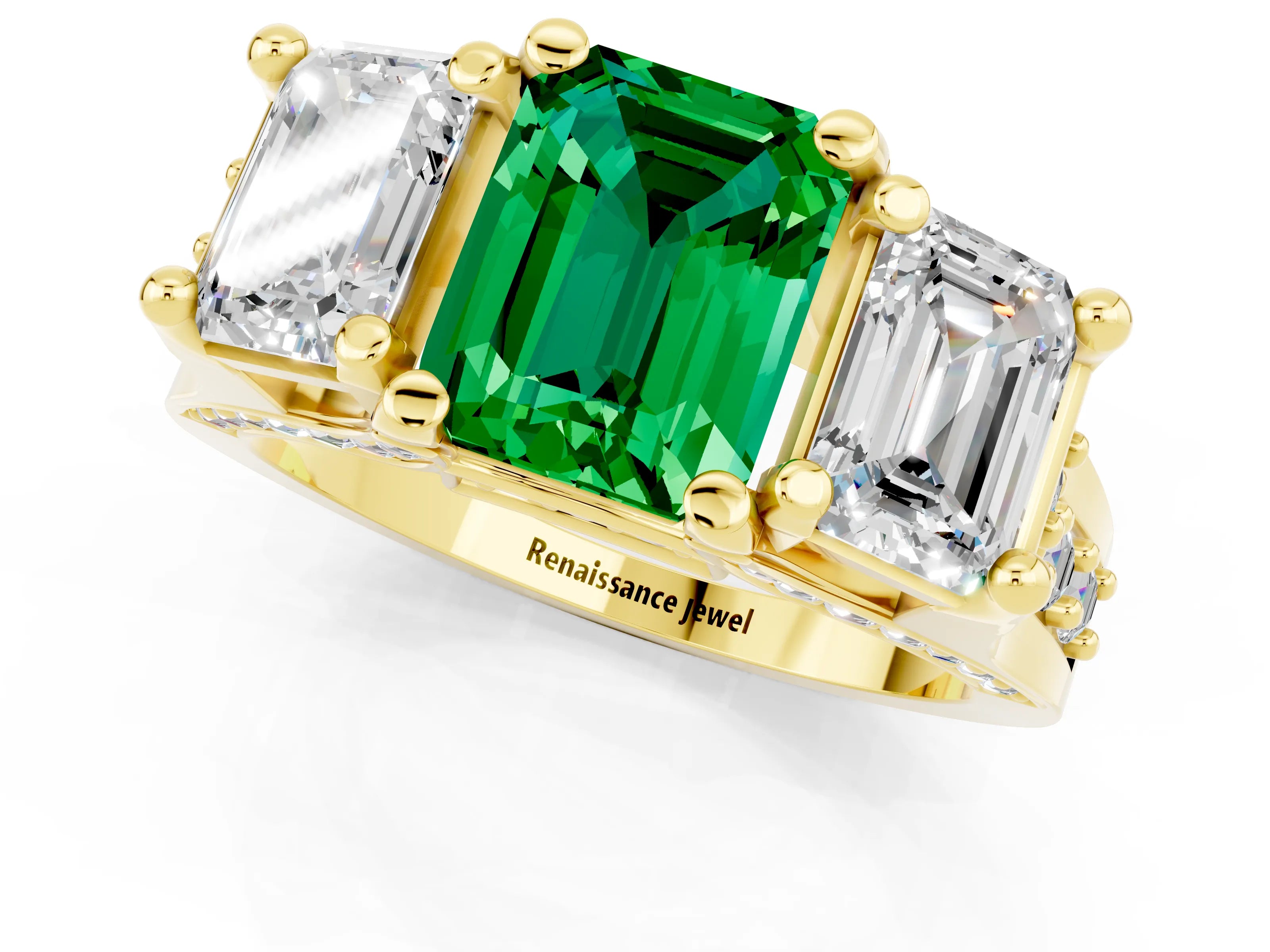 Yellow gold Emerald Cut Emerald Three-Stone Ring with Channel Set Band and Four-Prong Setting_1