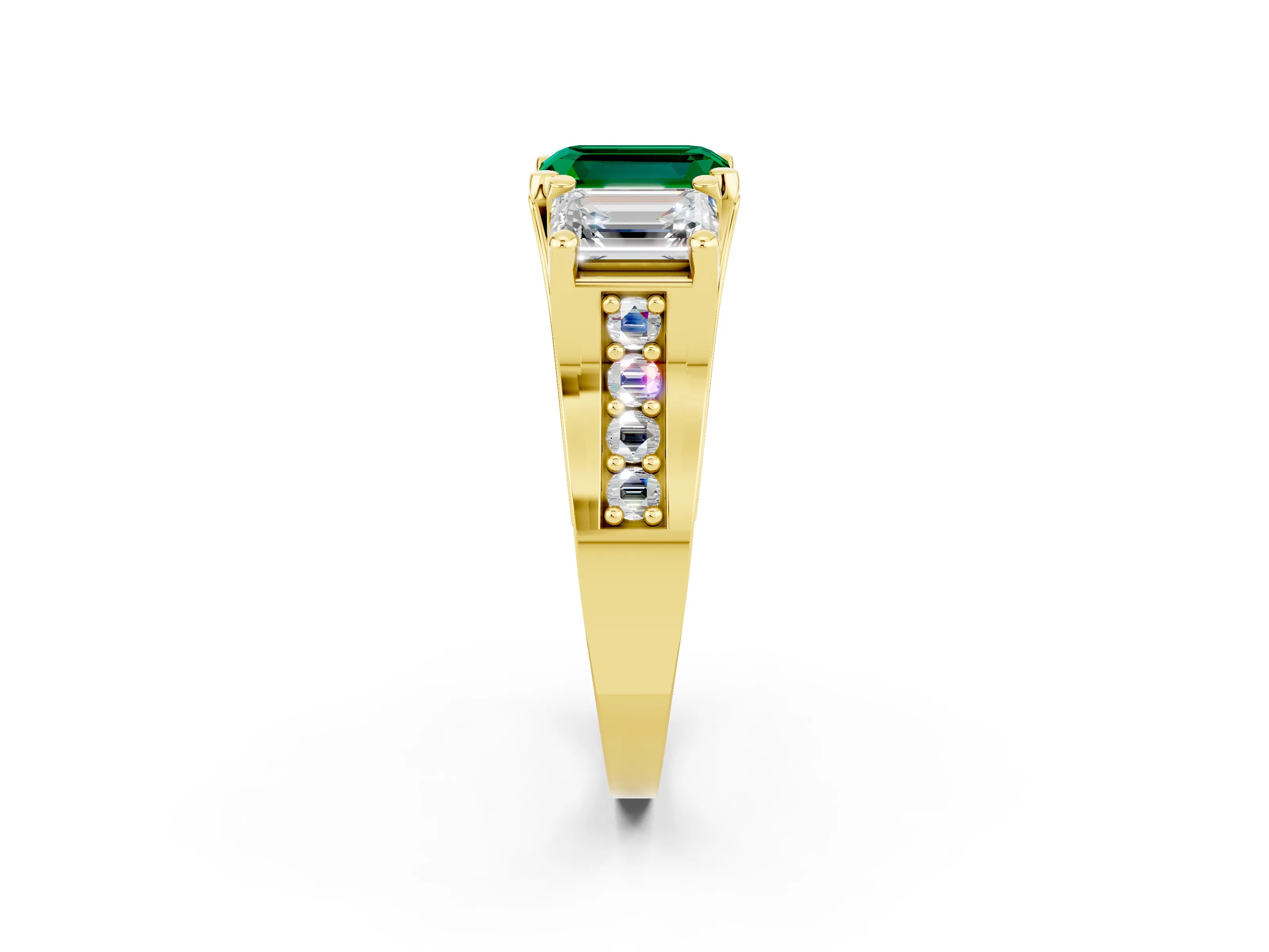 Yellow gold Emerald Cut Emerald Three-Stone Ring with Channel Set Band and Four-Prong Setting_2