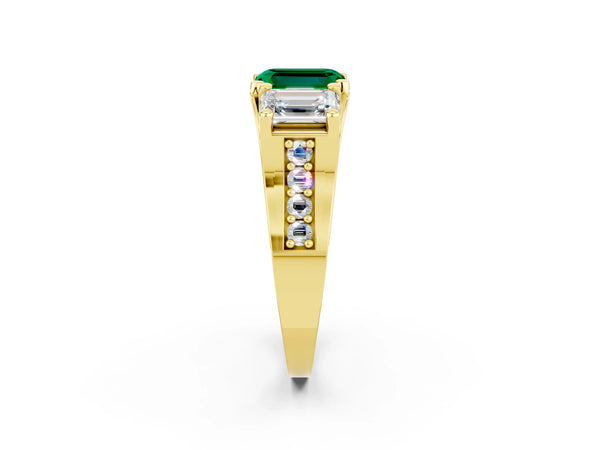 Yellow gold Emerald Cut Emerald Three-Stone Ring with Channel Set Band and Four-Prong Setting
