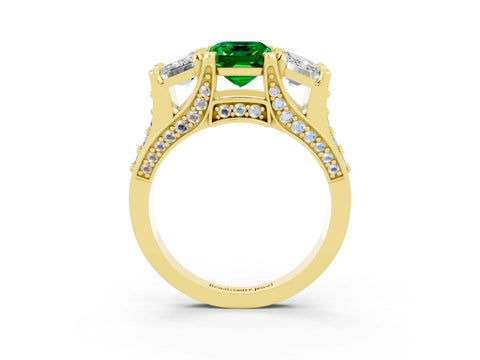 Yellow gold Emerald Cut Emerald Three-Stone Ring with Channel Set Band and Four-Prong Setting_3