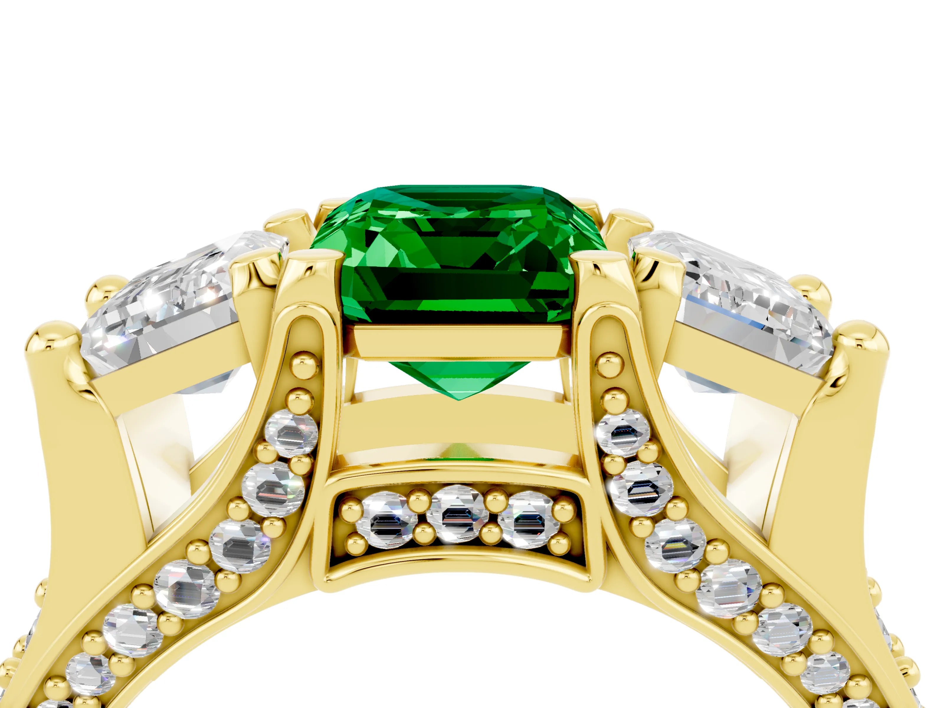 Yellow gold Emerald Cut Emerald Three-Stone Ring with Channel Set Band and Four-Prong Setting_4